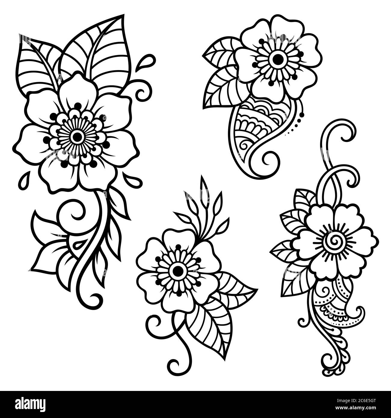 Ensemble de motif de fleurs Mehndi pour le dessin et le tatouage de Henné. Décoration ethnique orientale, de style indien. Illustration de Vecteur