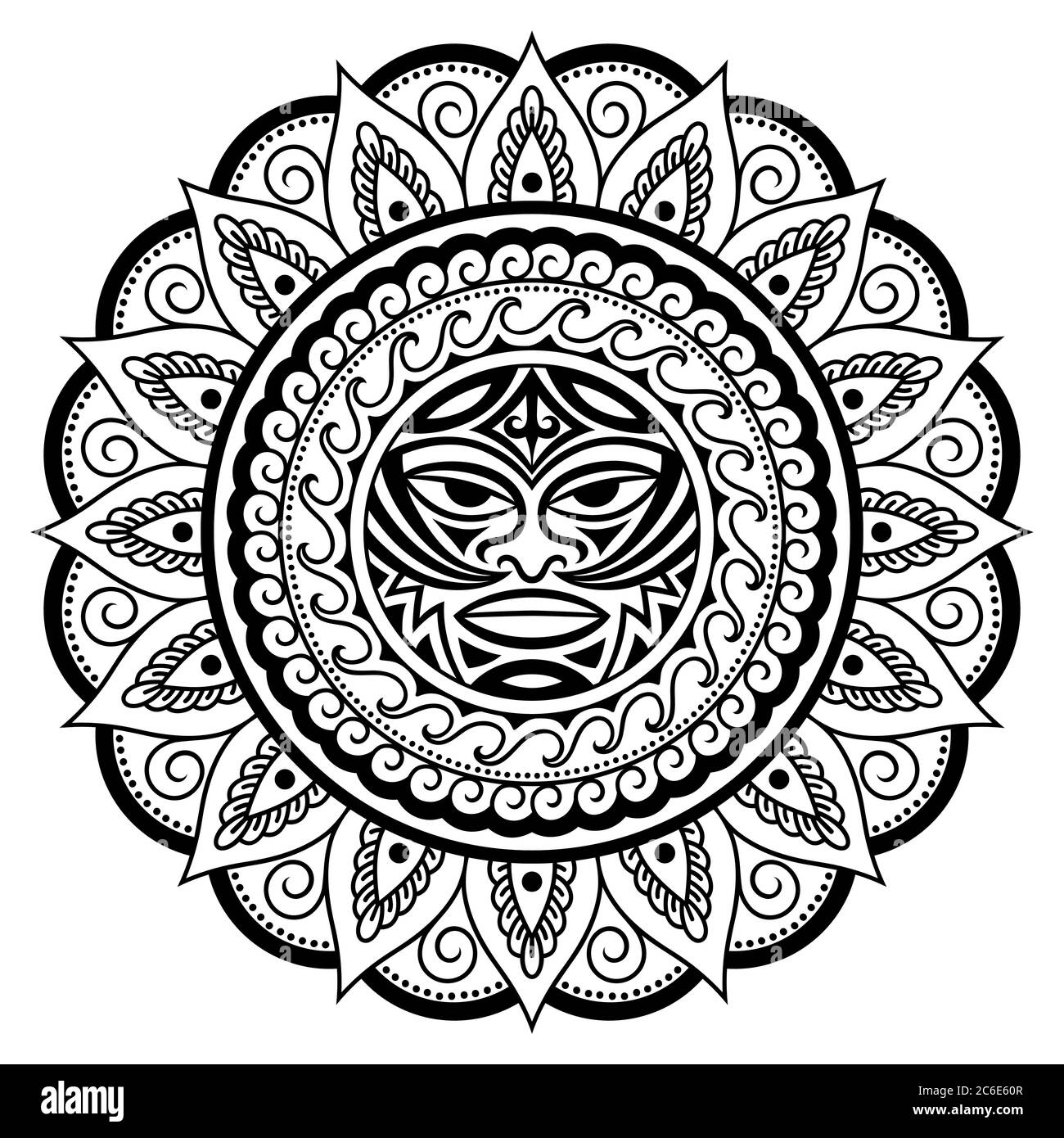 Le motif circulaire sous forme de mandala avec le Tiki de type tonnerre est un symbole-masque de Dieu. Ornements traditionnels des Maoris - style Moko. Décoration vintage Illustration de Vecteur