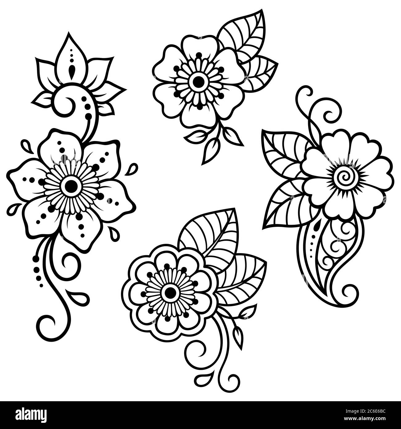 Ensemble de motif de fleurs Mehndi pour le dessin et le tatouage de Henné. Décoration ethnique orientale, de style indien. Illustration de Vecteur