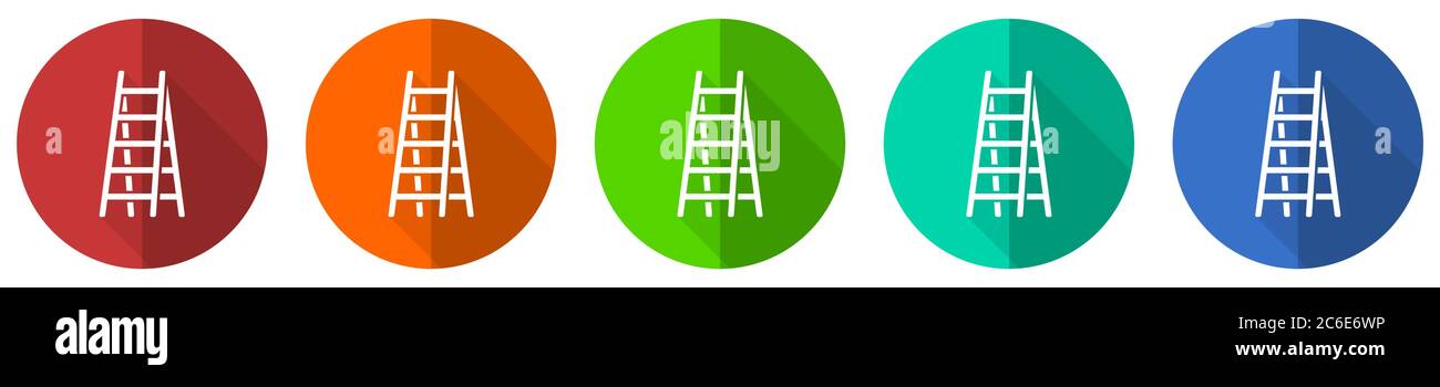 Jeu d'icônes à double échelle, pas, grimper, outil, niveau, boutons web à conception plate rouge, bleu, vert et orange isolés sur fond blanc, illustration vectorielle Illustration de Vecteur