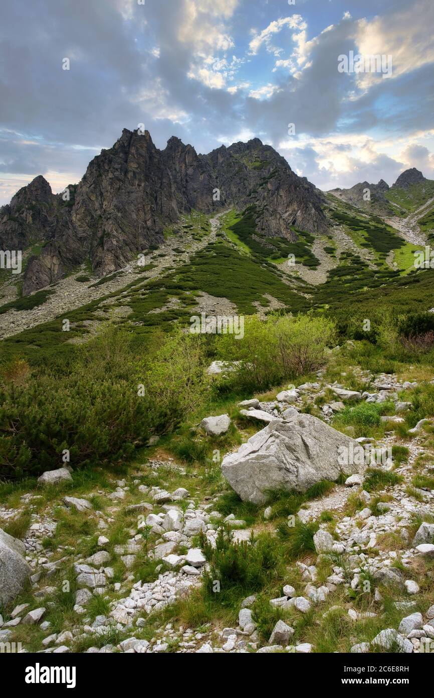 Vue sur la montagne de Solisko depuis la vallée de Mlynicka, haute Tatras, Slovaquie Banque D'Images