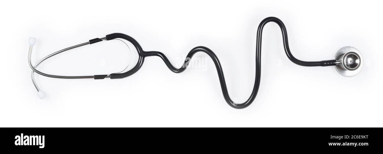 Stéthoscope avec tube en forme d'ECG. Isolé sur fond blanc, taille de la bannière. Banque D'Images