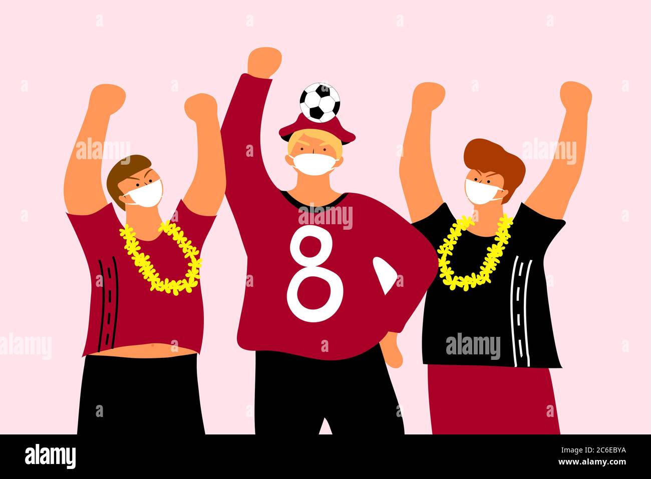 3 fans de football portant des masques et applaudissent pour l'équipe. Mesures de sécurité. (Covid-19 - coronavirus) Illustration de Vecteur