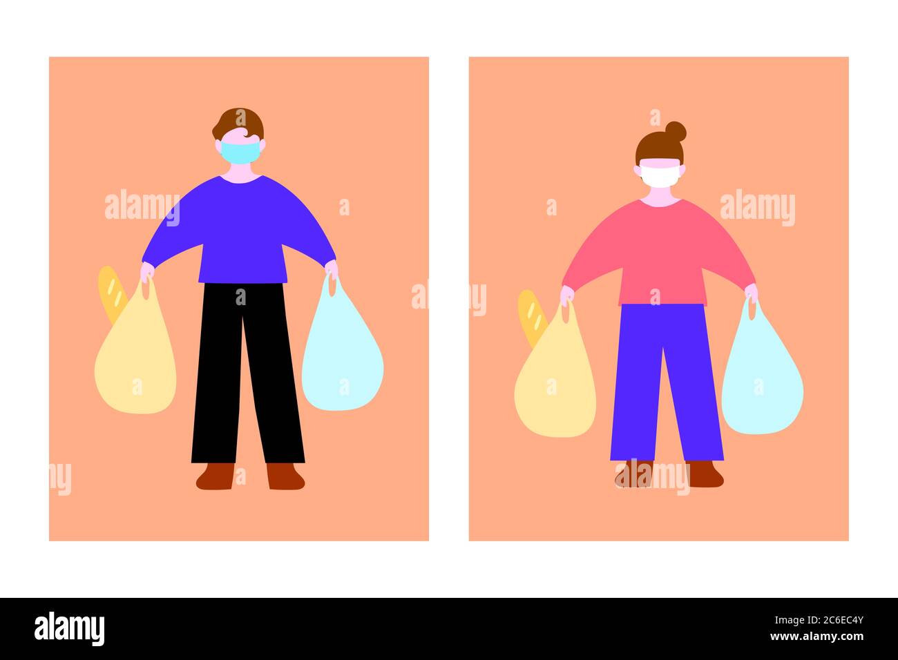 Une femme et un homme portent des masques et tiennent des sacs en plastique. Pas de masque pas de signature de politique d'entrée. Illustration d'achats masqués. Mesures de sécurité (Covid-19) Illustration de Vecteur