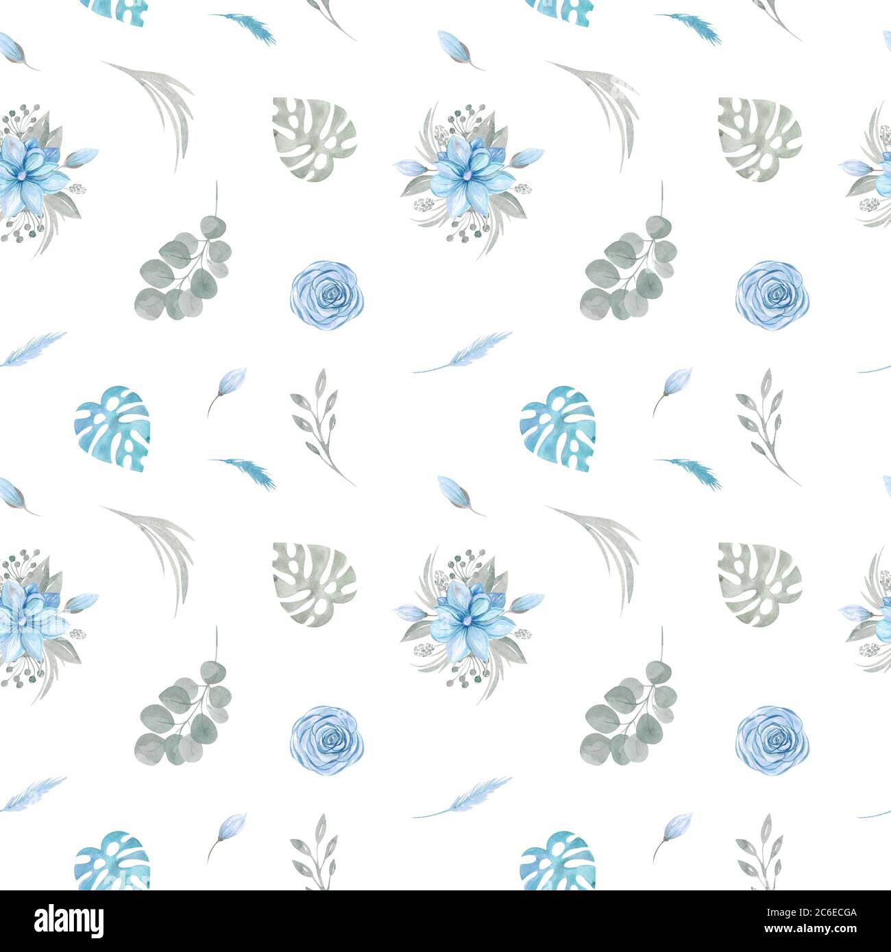 Motif aquarelle sans couture de fleurs bleues florales et de verdure sur fond blanc. Feuilles de magnolia rose, feuilles tropicales, la branche de l'eucalyptus Banque D'Images