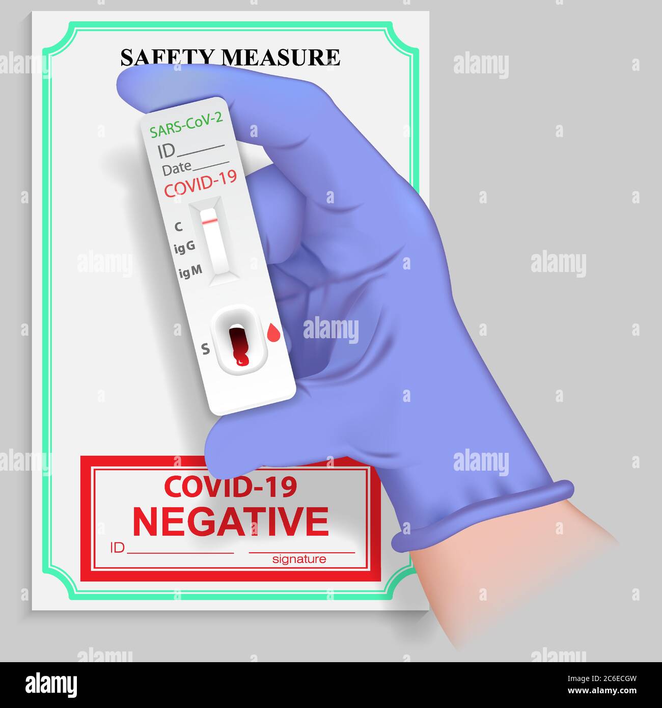 Main dans un gant médical tenant un test rapide pour les anticorps contre le coronavirus avec un résultat négatif. Diagnostic virus Covid 19. Pas de maladie infectieuse SRAS 20 Illustration de Vecteur