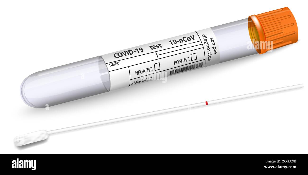 Tube à essai vierge pour diagnostic virus Covid 19 avec échantillon d'écouvillon Q-Tips. Formulaire de résultat du test sanguin coronavirus 2019-nCoV. 3D vide réaliste isolé Illustration de Vecteur