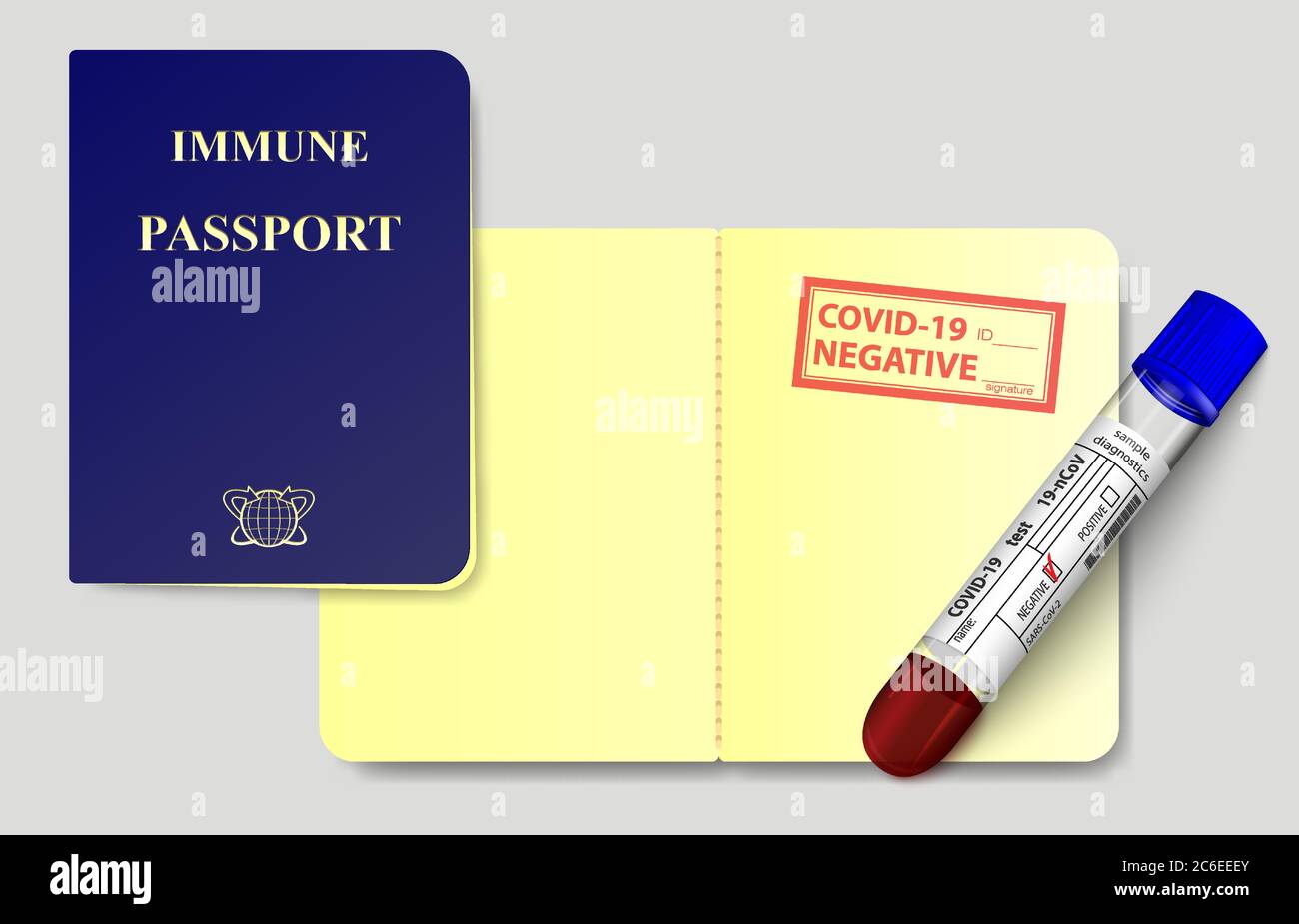 Échantillon concept de passeport immunitaire avec résultat de test du coronavirus et tube à essai avec plasma sanguin. Timbre négatif au virus Covid 19. Pas d infectieux Illustration de Vecteur Échantillon concept de passeport immunitaire avec résultat de test du coronavirus et tube à essai avec plasma sanguin. Timbre négatif au virus Covid 19. Pas d infectieux Illustration de Vecteur