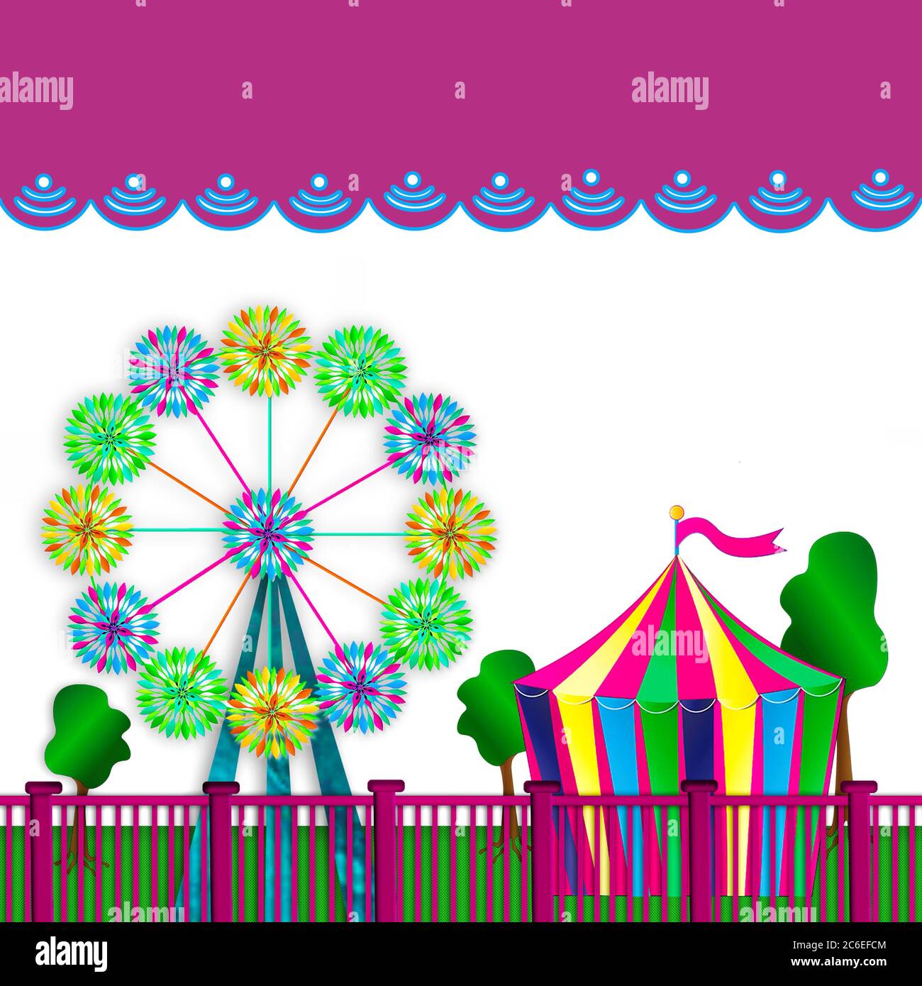 Arrière-plan graphique amusant ressemblant à un parc d'attractions avec des pécheurs pour la grande roue et une tente colorée. Zone de texte isolée au-dessus de l'image. Banque D'Images