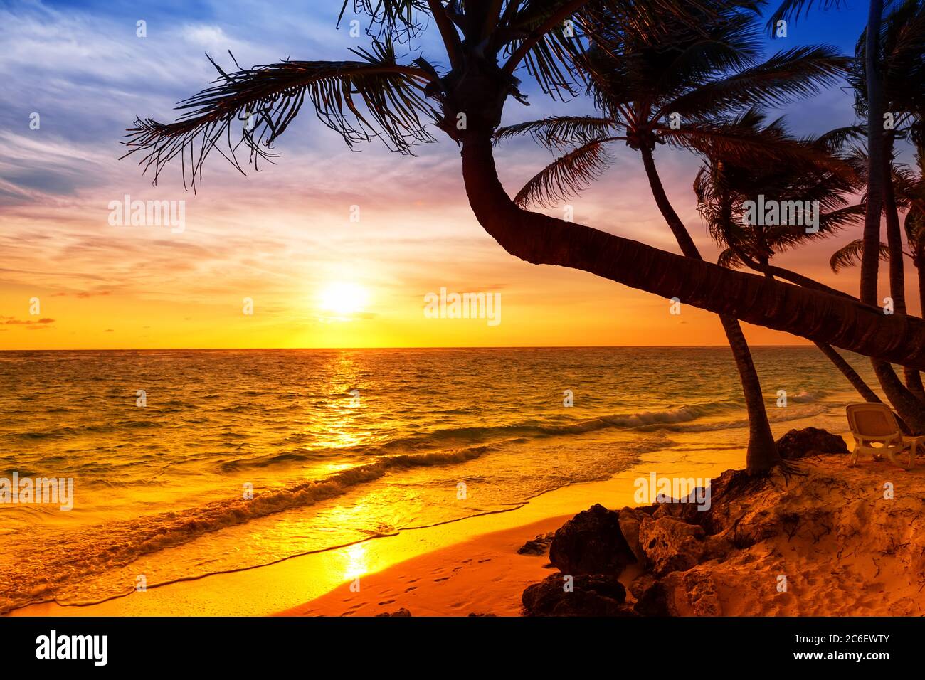 Silhouette de palmiers sur la plage tropicale au coucher du soleil.  Palmiers à noix de coco contre le coucher de soleil coloré sur la plage à Punta  Cana, République dominicaine Photo Stock -