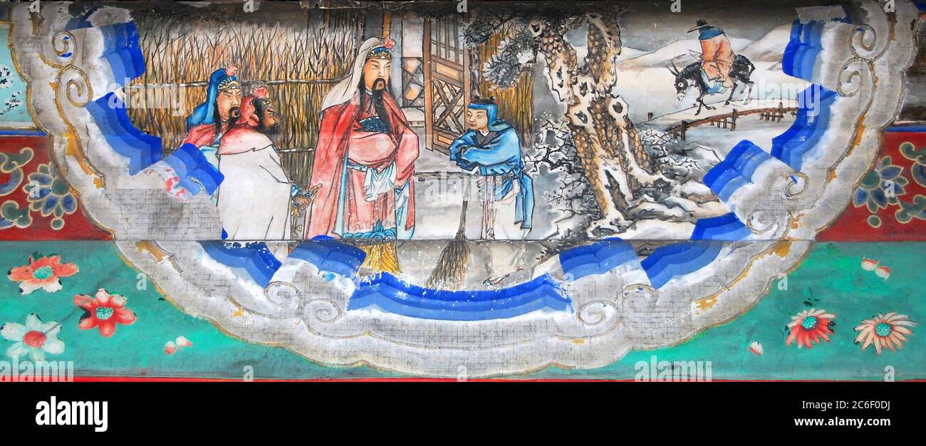 Scène de trois visites de Liu BEI pour Zhangor Liang, de la Romance de trois royaumes lieu le Palais d'été, Beijing, Chine Banque D'Images