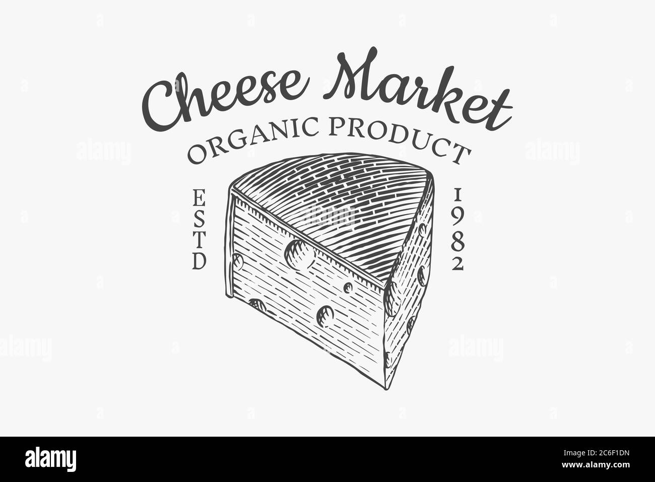 Badge fromage. Logo vintage pour le marché ou l'épicerie. Lait frais biologique. Croquis vectoriel gravé à la main pour étiquette, emblème, affiche ou menu. Illustration de Vecteur