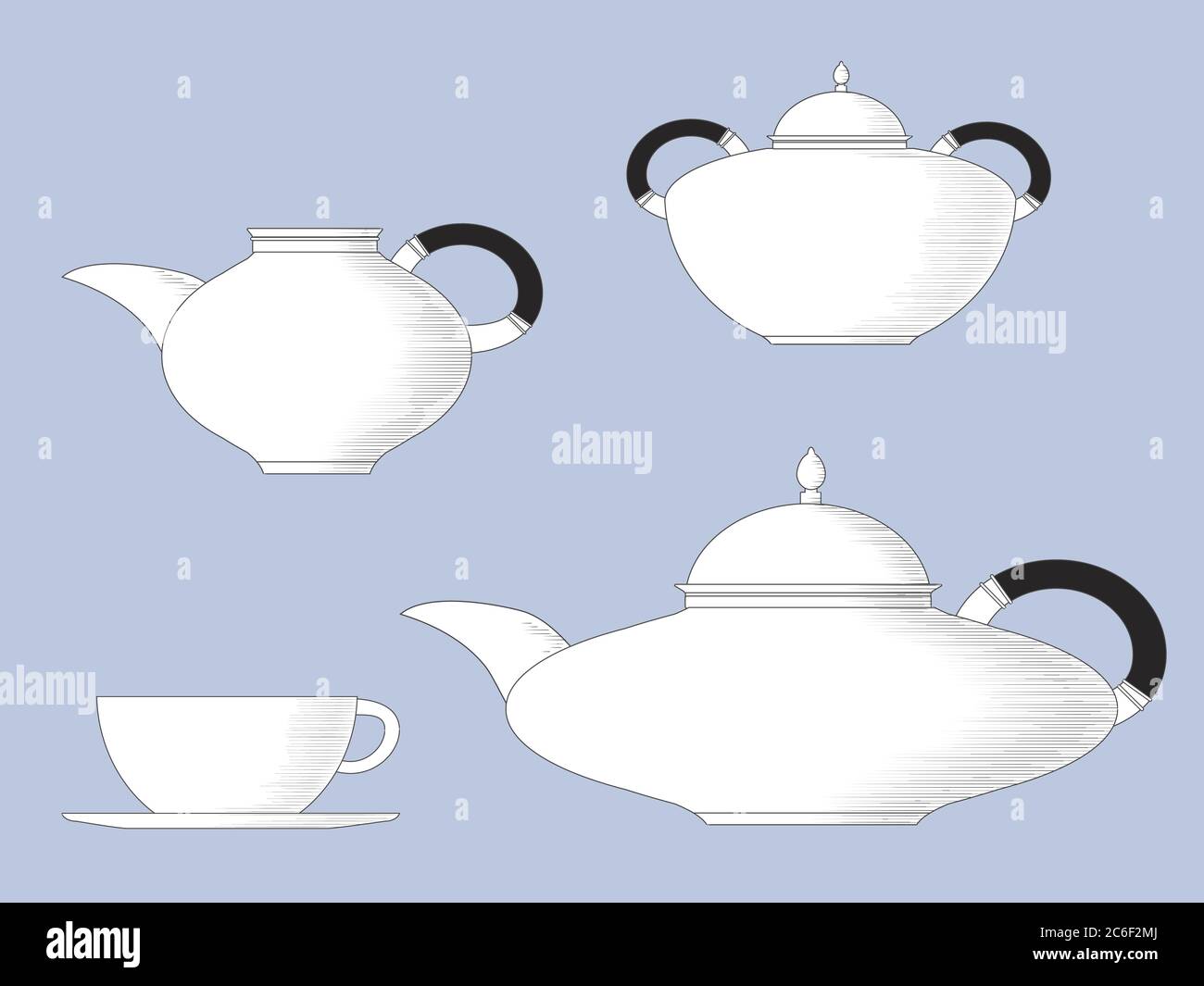 Dessin de lignes noires et blanches de thé de style ancien, avec théière, tasse et soucoupe, pot à lait et bol à sucre. Format vectoriel EPS10 Illustration de Vecteur