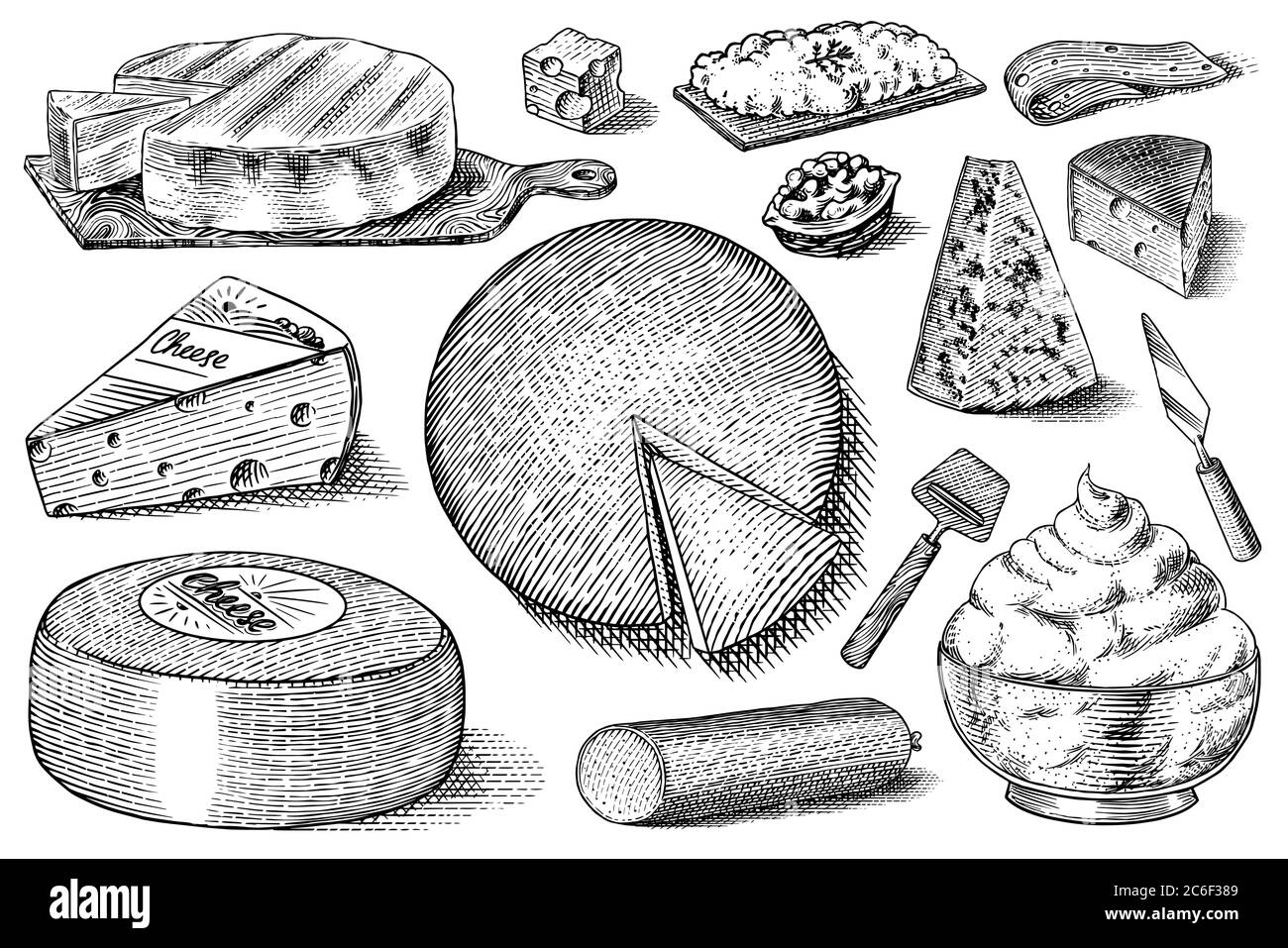 Ensemble de fromages. Tranches de Mascarpone Bleu de Gex Edam Camembert Mozzarella pour le marché ou l'épicerie. Cheesboard et lait frais bio. Vecteur Illustration de Vecteur