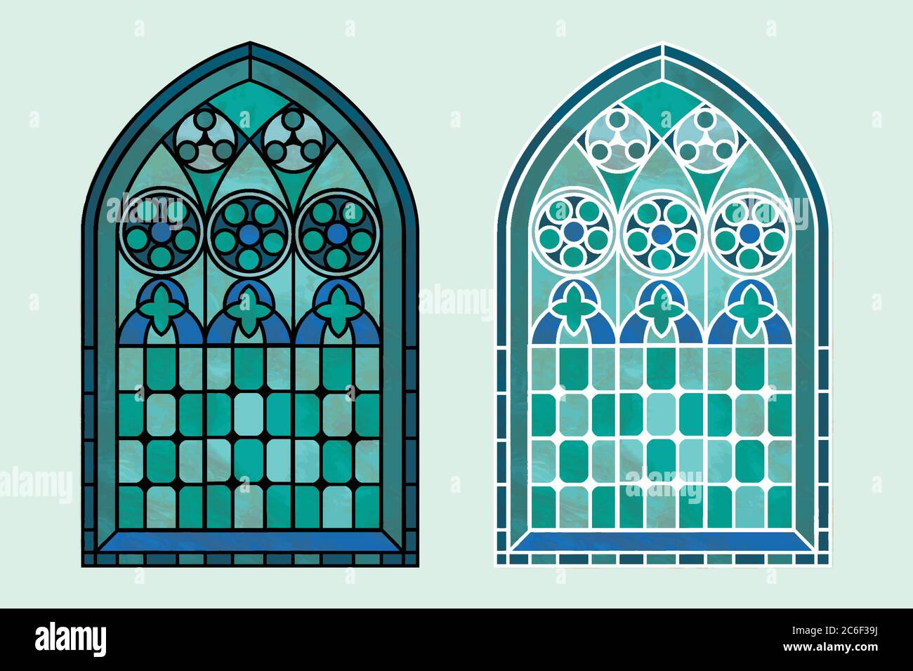 Une fenêtre en vitraux de style gothique dans des tons frais de bleu, vert et turquoise. Deux options avec contour noir ou blanc. Format vectoriel EPS10 Illustration de Vecteur