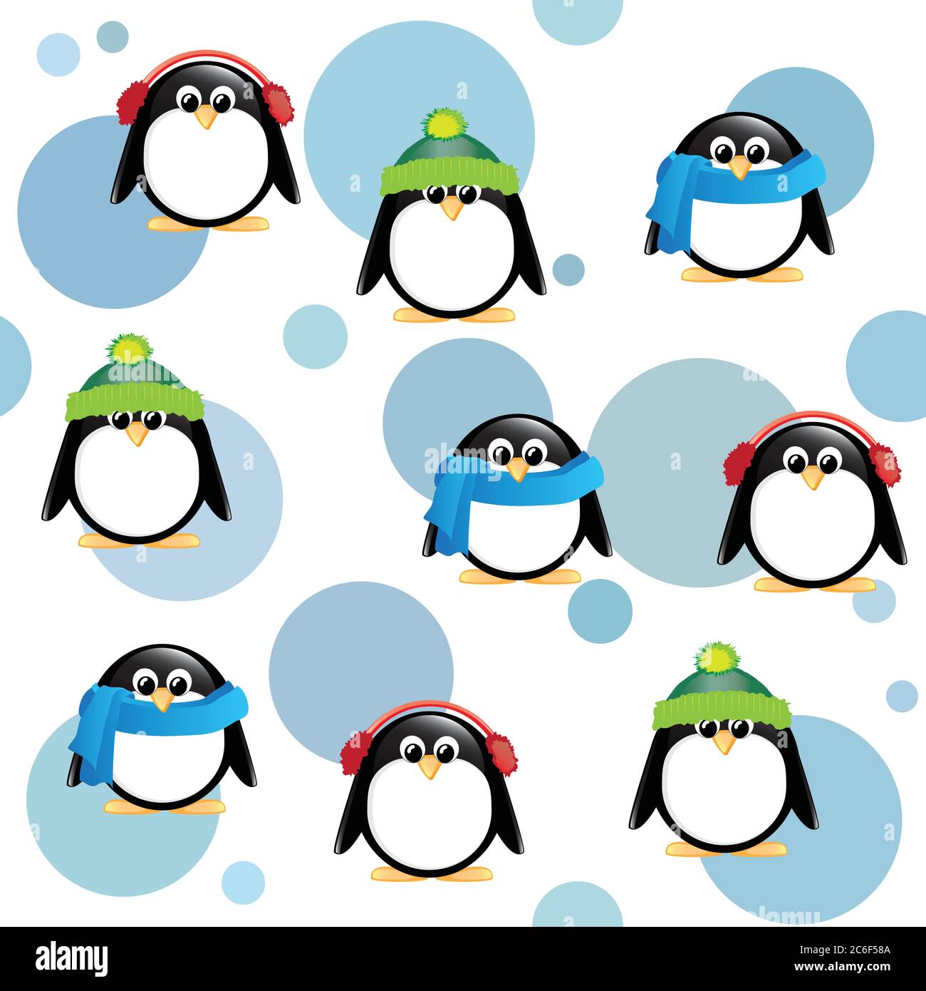Un arrière-plan sans couture de jolis pingouins de dessin animé, portant des chapeaux d'hiver, des foulards et des cache-oreilles, sur fond bleu à pois. Format vectoriel EPS10 Illustration de Vecteur
