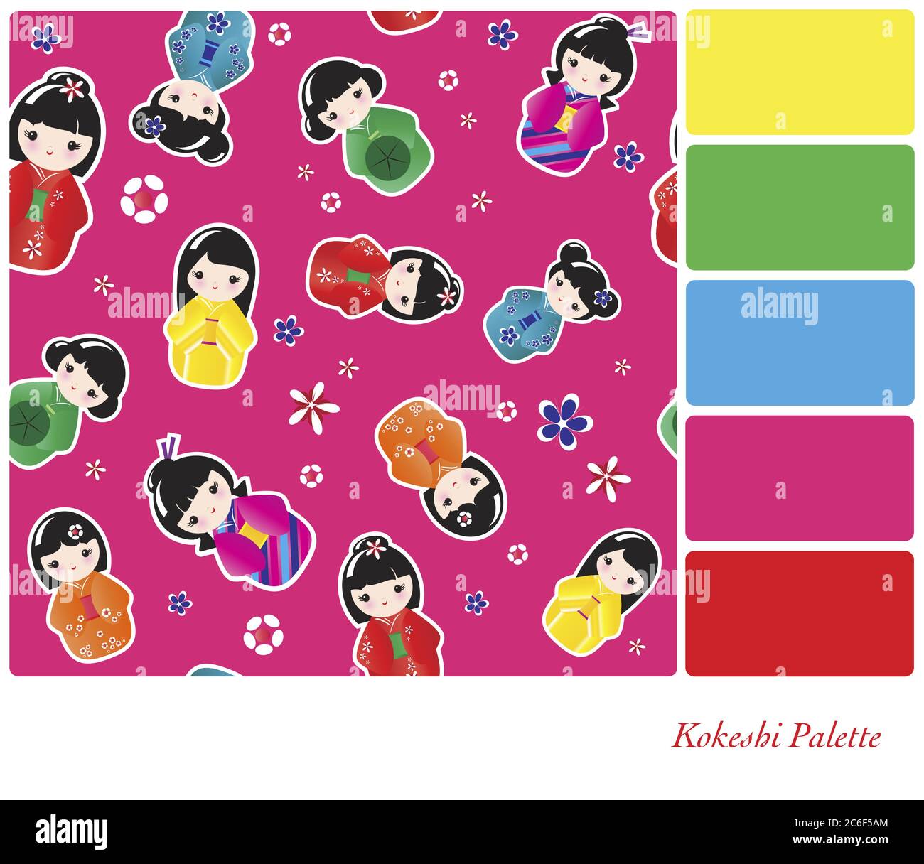 Un fond sans couture de poupées Kokeshi japonaises. Dans une palette de couleurs avec des nuances de couleurs gratuites. Le modèle transparent est dans une couche distincte pour le système eas Illustration de Vecteur