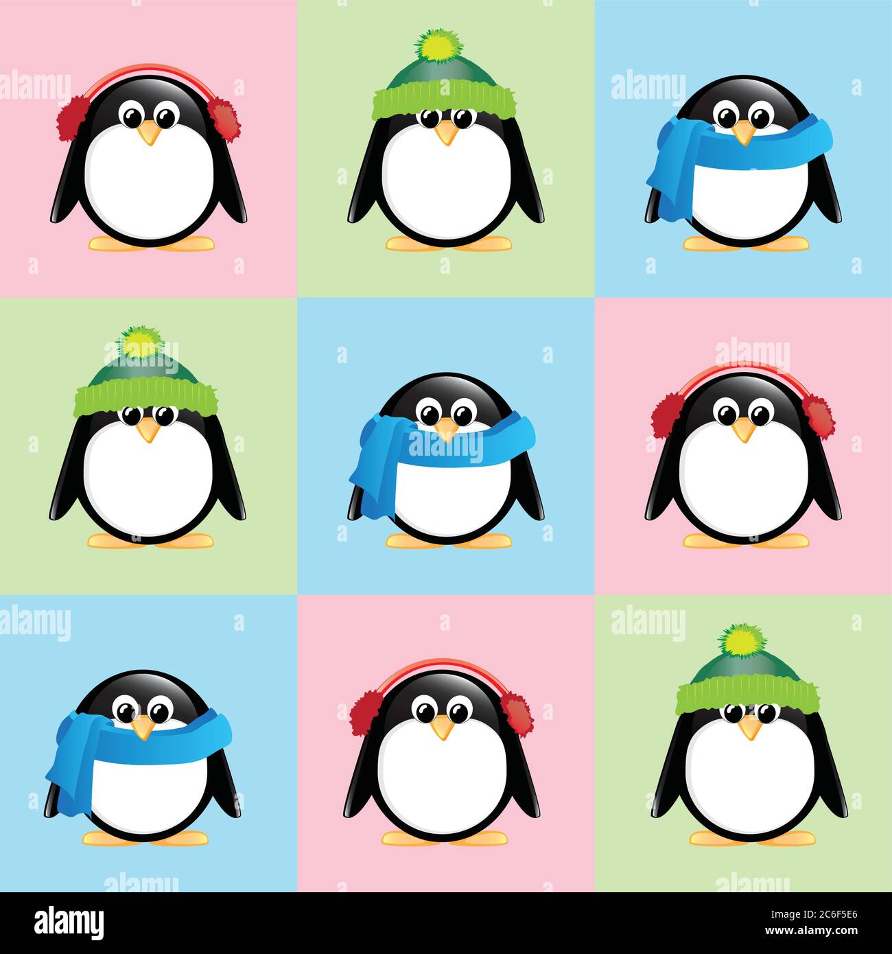 Un arrière-plan sans couture de jolis pingouins de dessin animé, portant des chapeaux d'hiver, des foulards et des cache-oreilles, sur un fond coloré à carreaux. Format vectoriel EPS10 Illustration de Vecteur