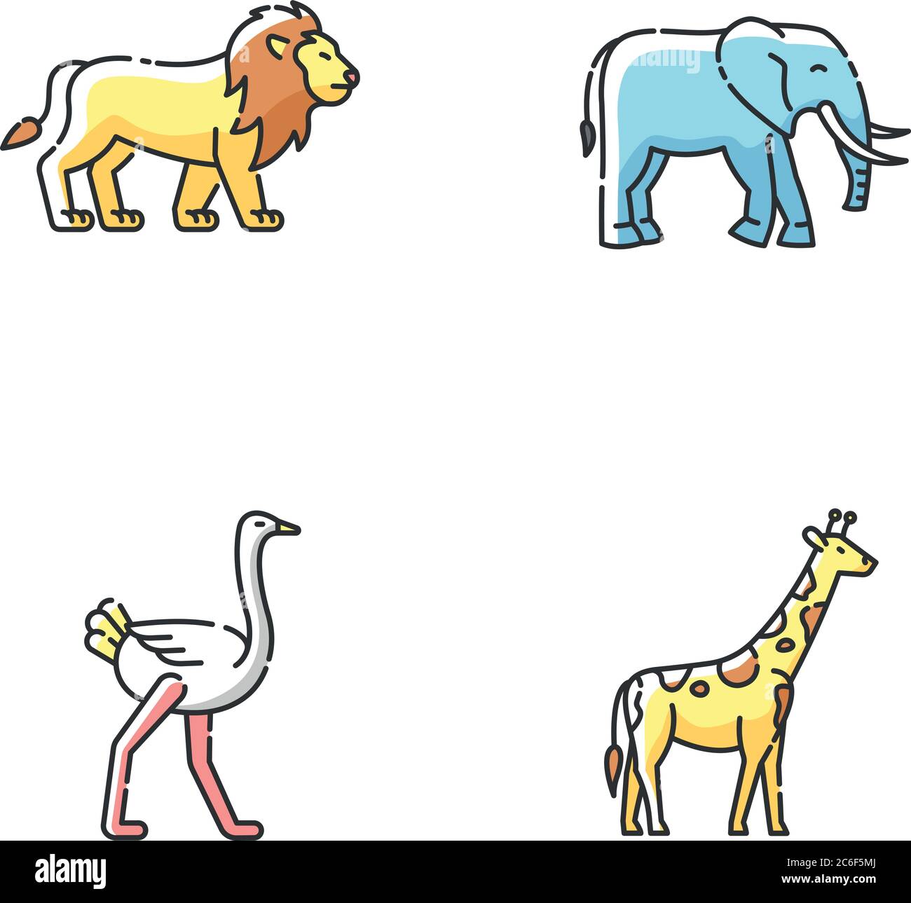 Jeu d'icônes de couleur RVB de la faune africaine. Faune exotique, prédateur tropical et animaux herbivores. Lion, éléphant, girafe et autruche. Vecteur illu isolé Illustration de Vecteur