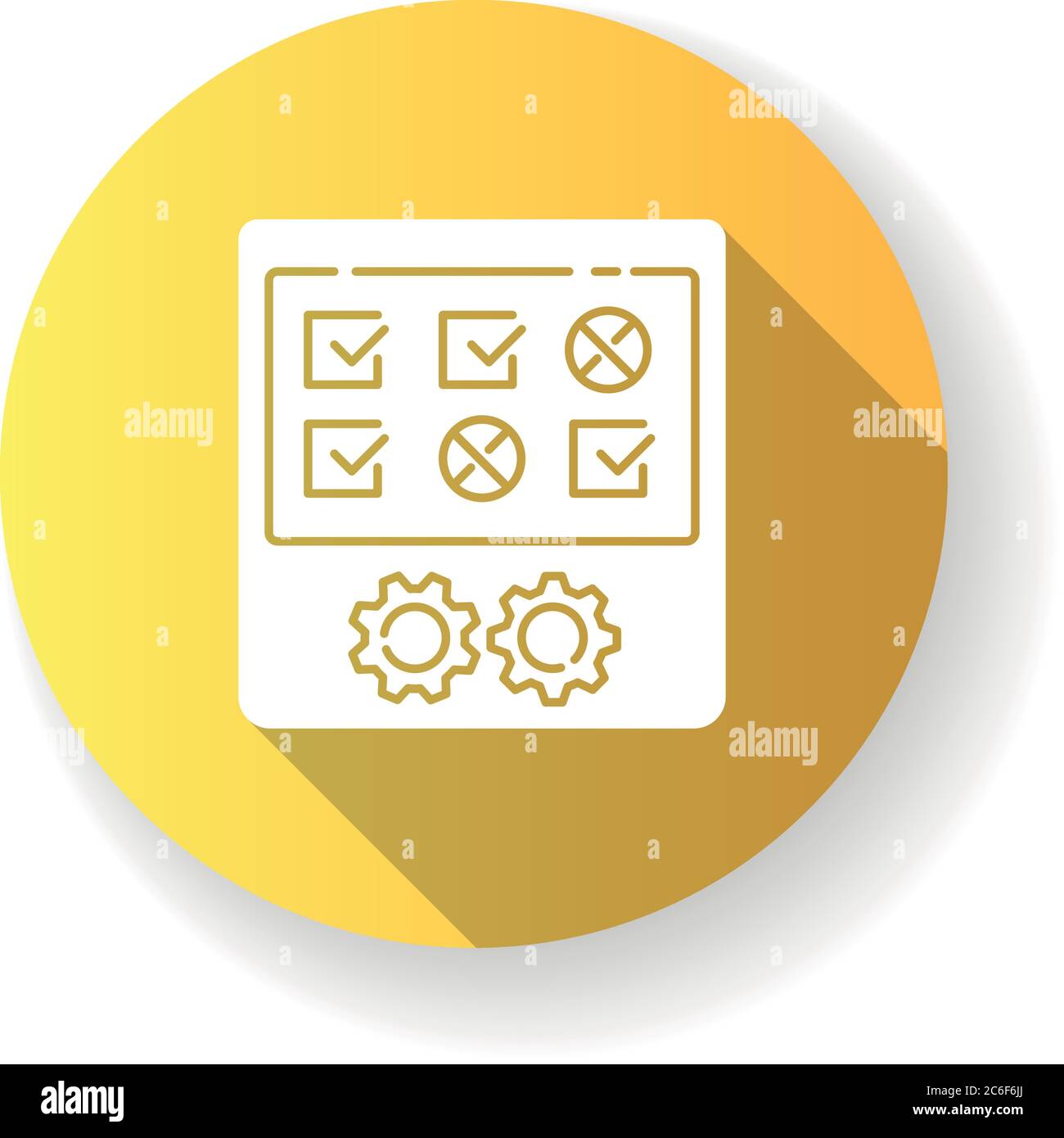 Test de production jaune plat conception longue ombre glyphe icône. Processus de post-fabrication, contrôle de la qualité du produit. Évaluation de la qualité, examen de l'équipement Illustration de Vecteur