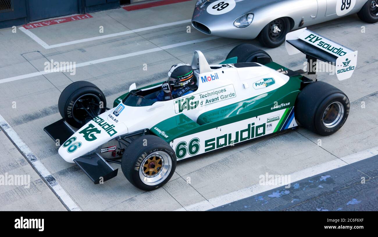 Tommy Dreelan pilotant Keke Rossbergs, 1982 ans, gagnant au championnat Williams FW08 Formule 1, lors de la Silverstone Classic Media Day 2019 Banque D'Images