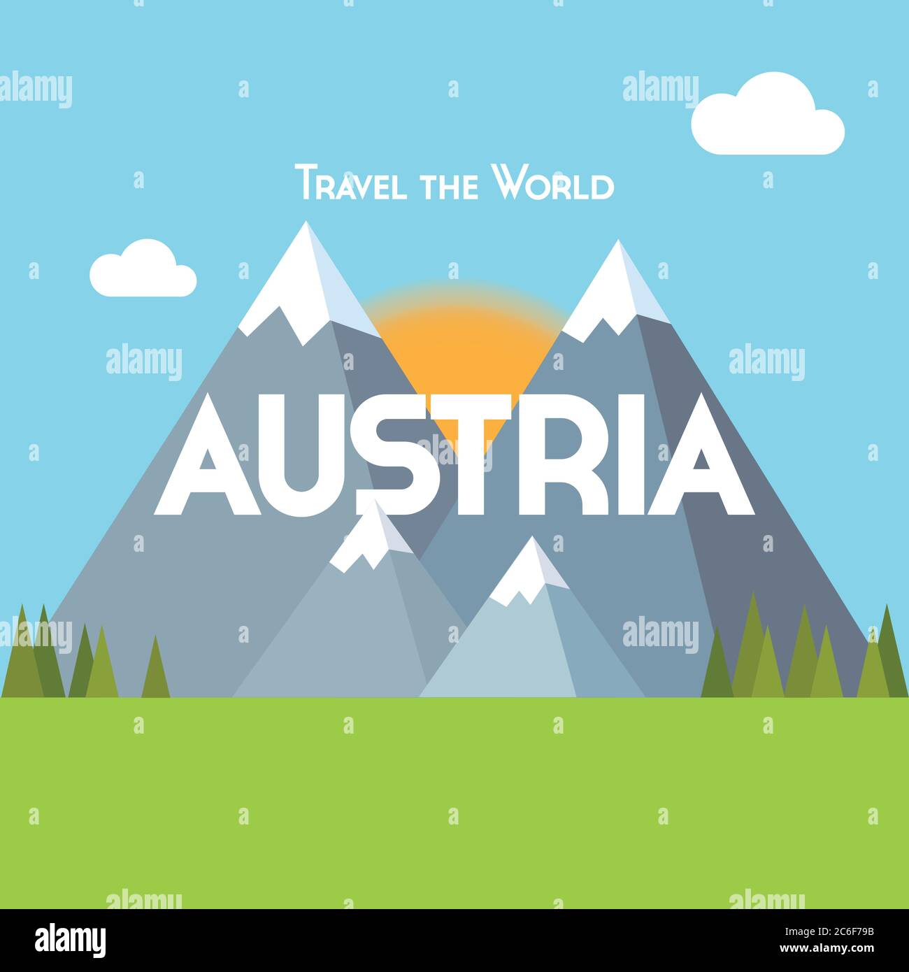 Affiche de voyage à plat - thème autrichien, montrant des montagnes enneigées, des forêts de pins et des prairies verdoyantes, avec le soleil levant derrière. Forme vectorielle EPS10 Illustration de Vecteur