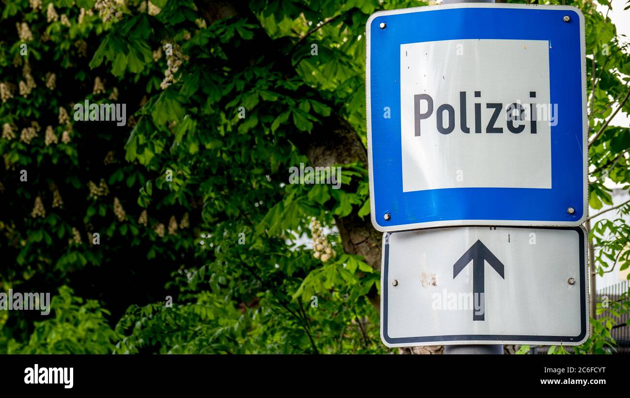 signalisation routière autorité de police devant un châtaignier, copier l'espace sur le côté gauche. polizei en langue allemande Banque D'Images