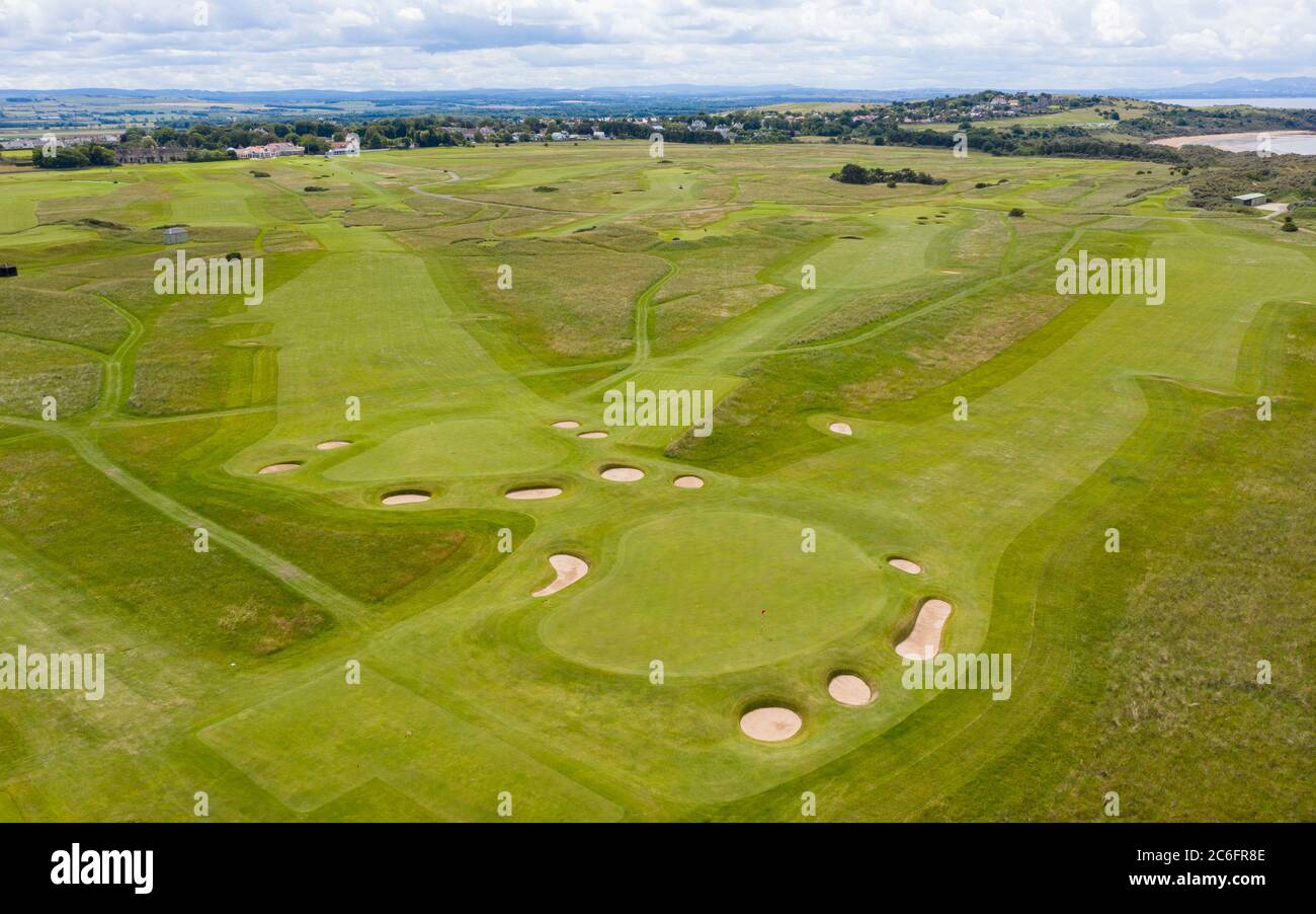 Vue aérienne du parcours de golf de Muirfield à Gullane, East Lothian, Écosse, Royaume-Uni Banque D'Images