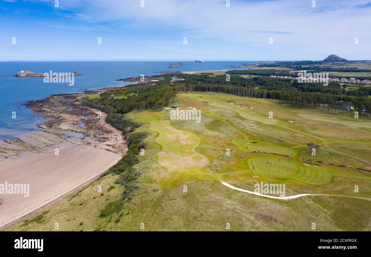 Vue aérienne du parcours de golf Renaissance Club près de North Berwick à East Lothian, Écosse, Royaume-Uni Banque D'Images