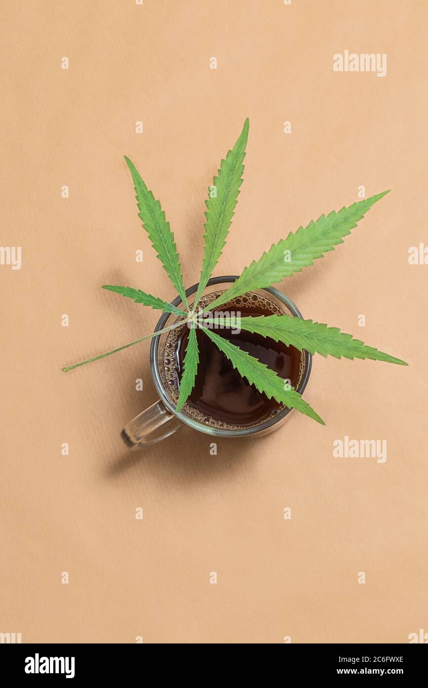 Vue de dessus d'une tasse de café de cannabis avec feuille de marijuana sur fond beige neutre Banque D'Images
