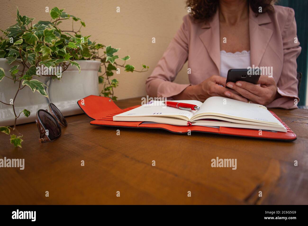 Femme méconnue en utilisant son téléphone mobile avec un agenda ouvert Banque D'Images
