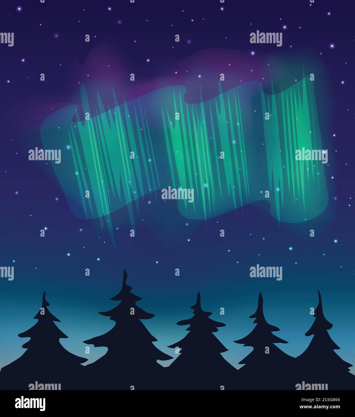 Illustration vectorielle. Forêt et ciel nocturne avec étoiles et lumière du Nord. Illustration de Vecteur