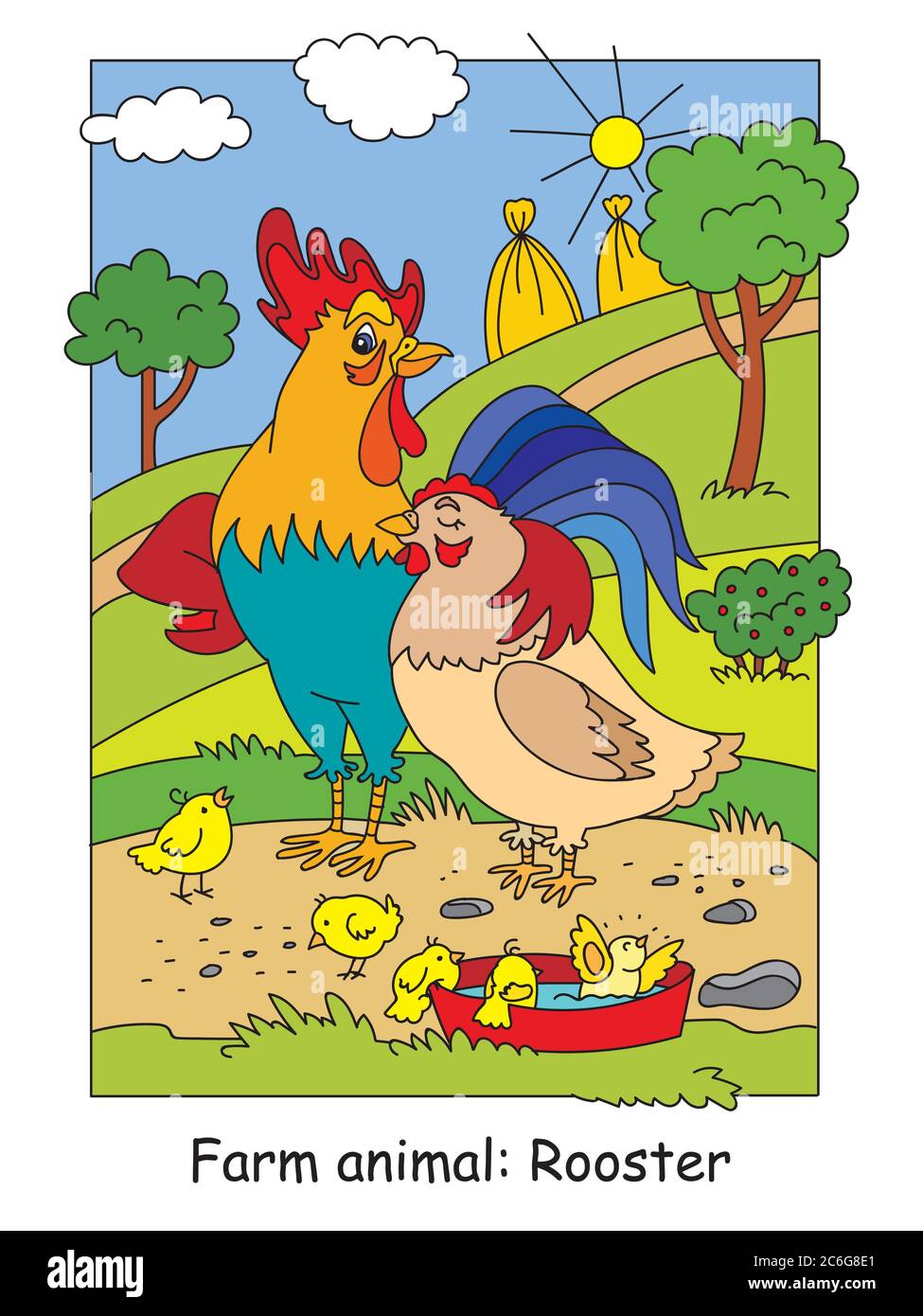 Colorier les pages avec coq heureux, la poule et les poulets sur la ferme pré. Illustration vectorielle de dessin animé. Illustration de stock pour le design, éducation préscolaire Illustration de Vecteur