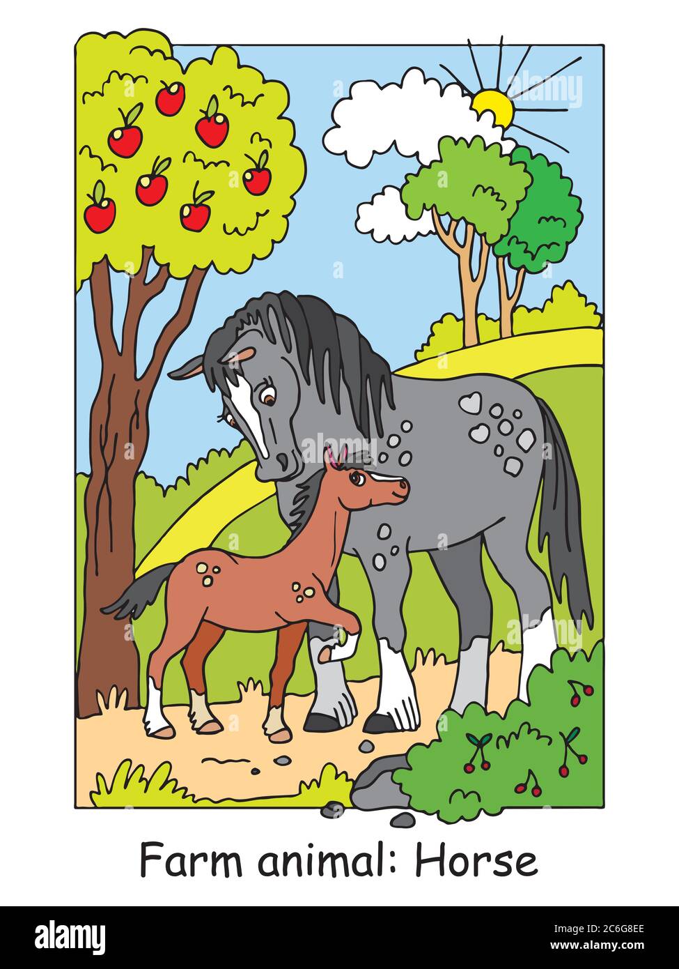 Colorier des pages avec un cheval mignon et son poulain debout dans le jardin de pomme. Illustration vectorielle de dessin animé. Illustrations pour le design, l'éducation préscolaire, Illustration de Vecteur