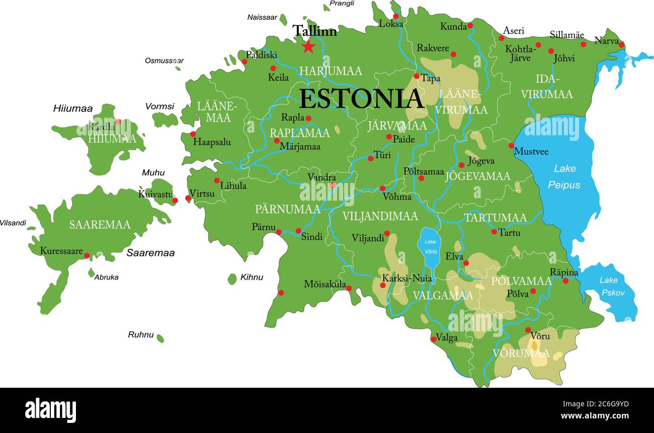 Estonie carte physique très détaillée, en format vectoriel, avec toutes les formes de secours, les régions et les grandes villes. Illustration de Vecteur