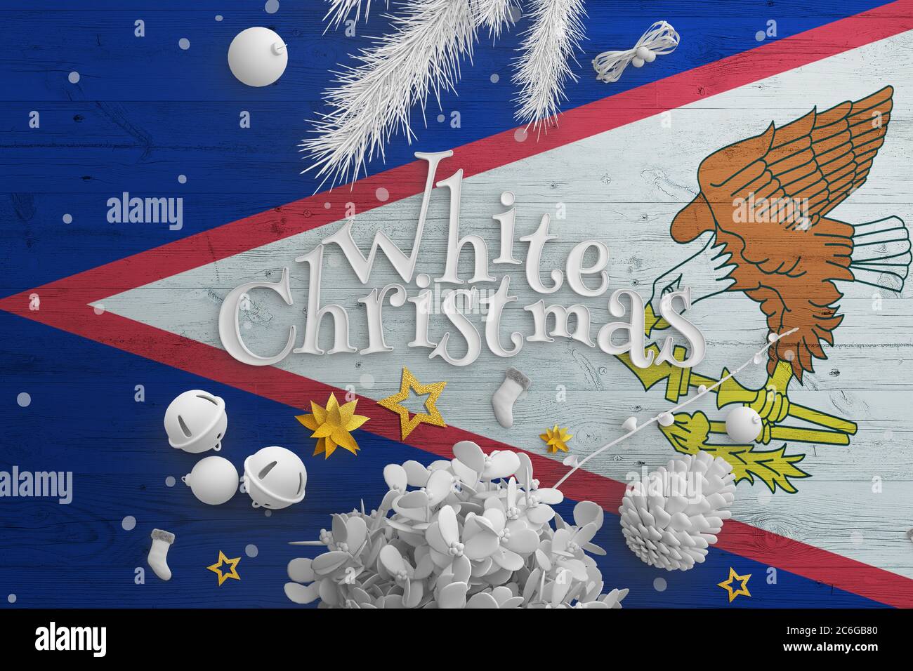 Drapeau des Samoa américaines sur une table en bois avec texte de Noël blanc. Noël et nouvel an, célébration national concept avec décor blanc. Banque D'Images