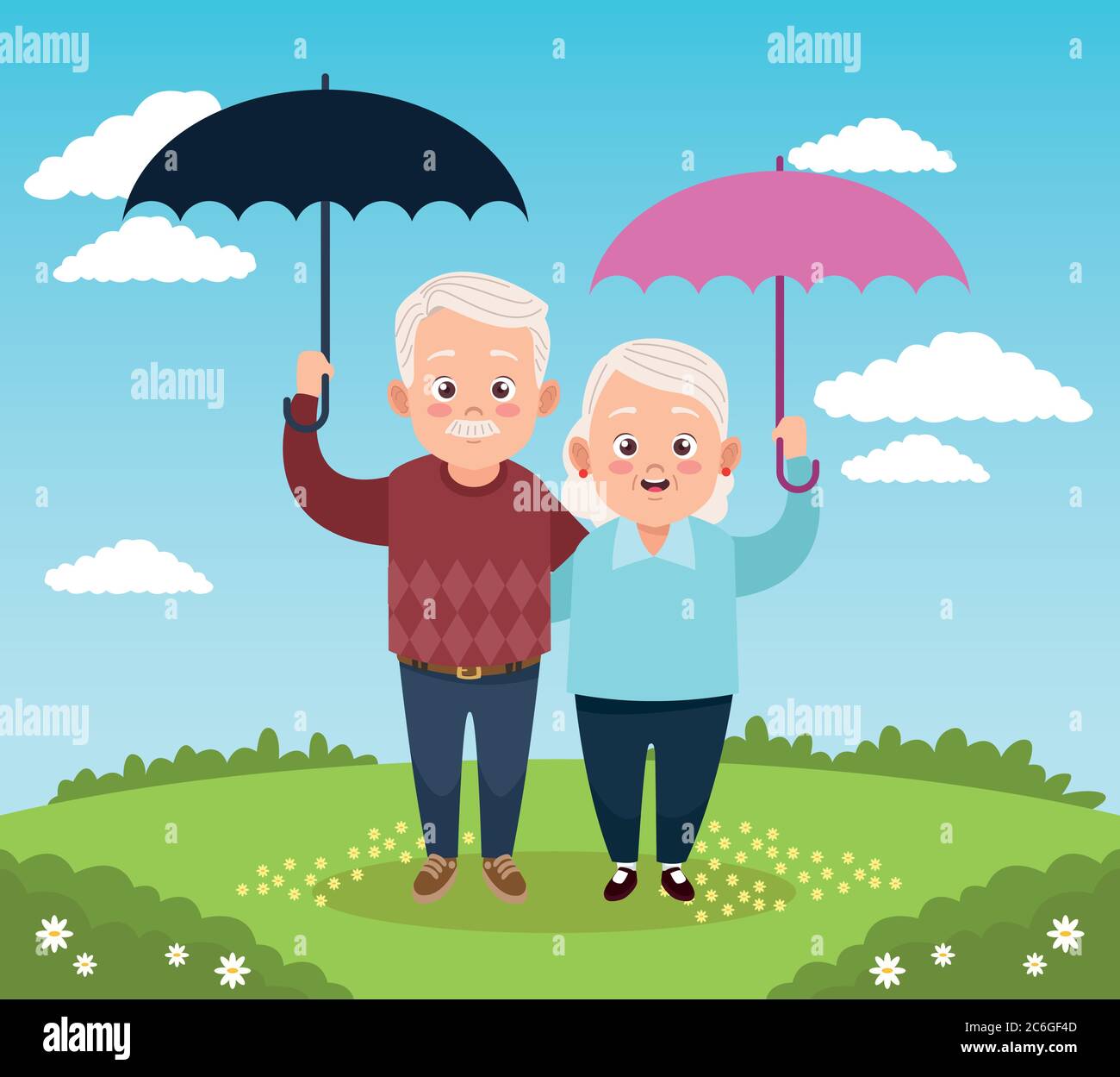 les adorables grands-parents heureux couple avec des parasols dans le camp motif d'illustration de vecteur Illustration de Vecteur