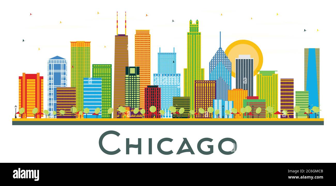 Chicago Illinois City Skyline avec bâtiments couleur isolés sur blanc. Illustration vectorielle. Voyages d'affaires et tourisme. Illustration de Vecteur