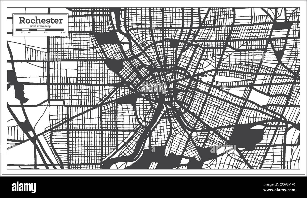 Carte de la ville de Rochester aux Etats-Unis en noir et blanc en style rétro. Carte de contour. Illustration vectorielle. Illustration de Vecteur