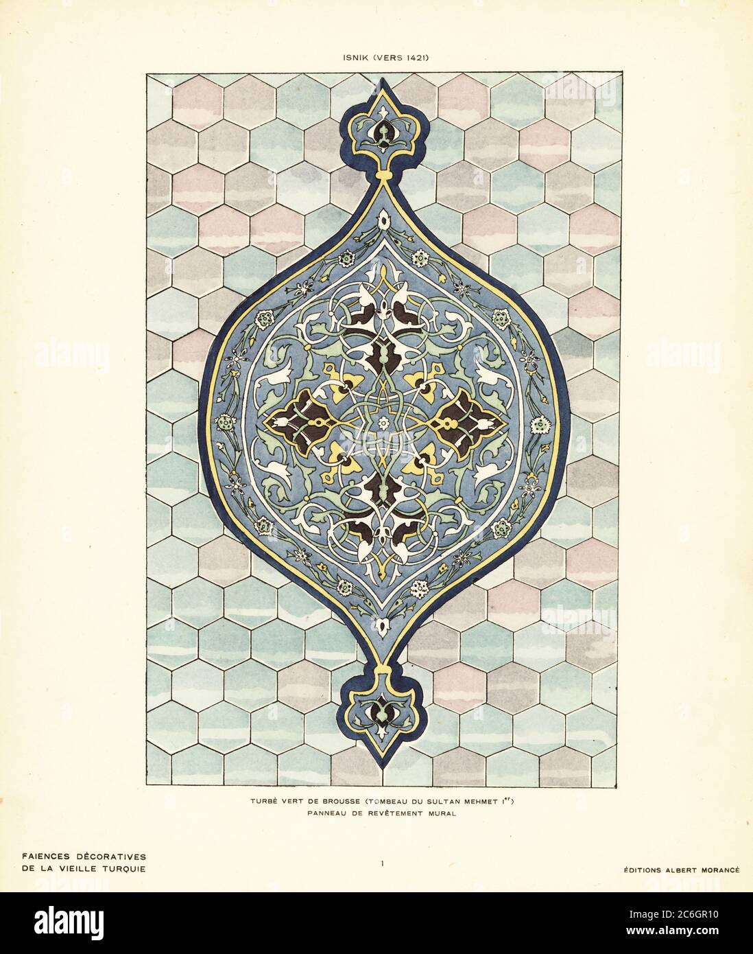 Panneau de carreaux muraux en céramique décoratifs avec motif de feuillage, de la tombe du Sultan Mehmed I, du Sultan ottoman, ou de la tombe verte à Bursa, Turquie, fait à Iznik, 15ème siècle. Turbe vert de brousse, Tombeau du Sultan Mehmet Ier. Panneau de revetement mural. Iznik, vers 1421. Pochor (pochoir) lithographie de couleur main de la faïence décorative de la Vieille Turquie d’Alexandre Raymond, poterie décorative de la Turquie antique, Éditions Albert Morance, Paris, 1927. Banque D'Images