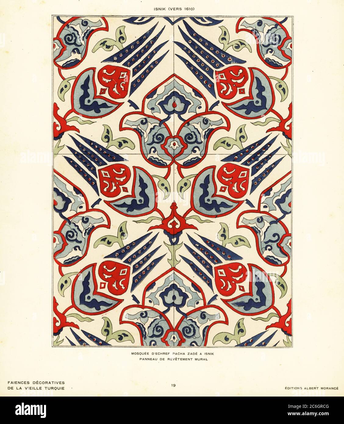 Panneau de carreaux de céramique murale décorés de tulipes et de fleurs dans la mosquée Esrefzade à Iznik, Bursa, fabriqué à Iznik, Turquie, vers 1610. Mosquee d’Echref Pacha Zade a Isnik. Panneau de revetement mural. Isnik (vers 1610). Pochor (pochoir) lithographie de couleur main de la faïence décorative de la Vieille Turquie d’Alexandre Raymond, poterie décorative de la Turquie antique, Éditions Albert Morance, Paris, 1927. Banque D'Images