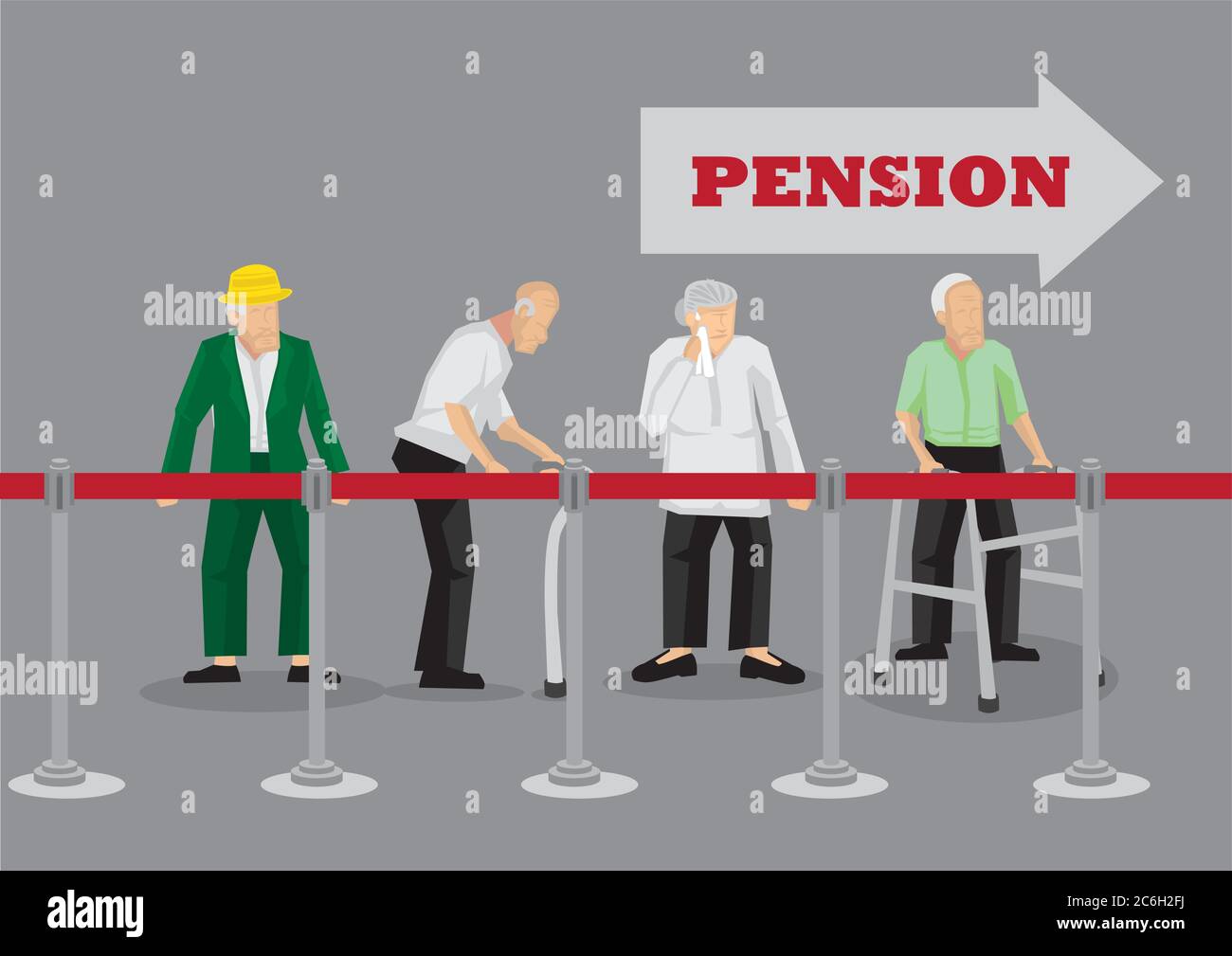 Groupe de personnes âgées se tenant derrière la barrière de file d'attente en attente pour le paiement de la pension. Illustration vectorielle sur l'attente du concept de pension isolée sur Illustration de Vecteur