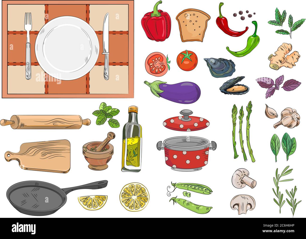 Ensemble de cuisson à l'aide de vecteurs mélangés. Plats, légumes, épices. Illustration de Vecteur