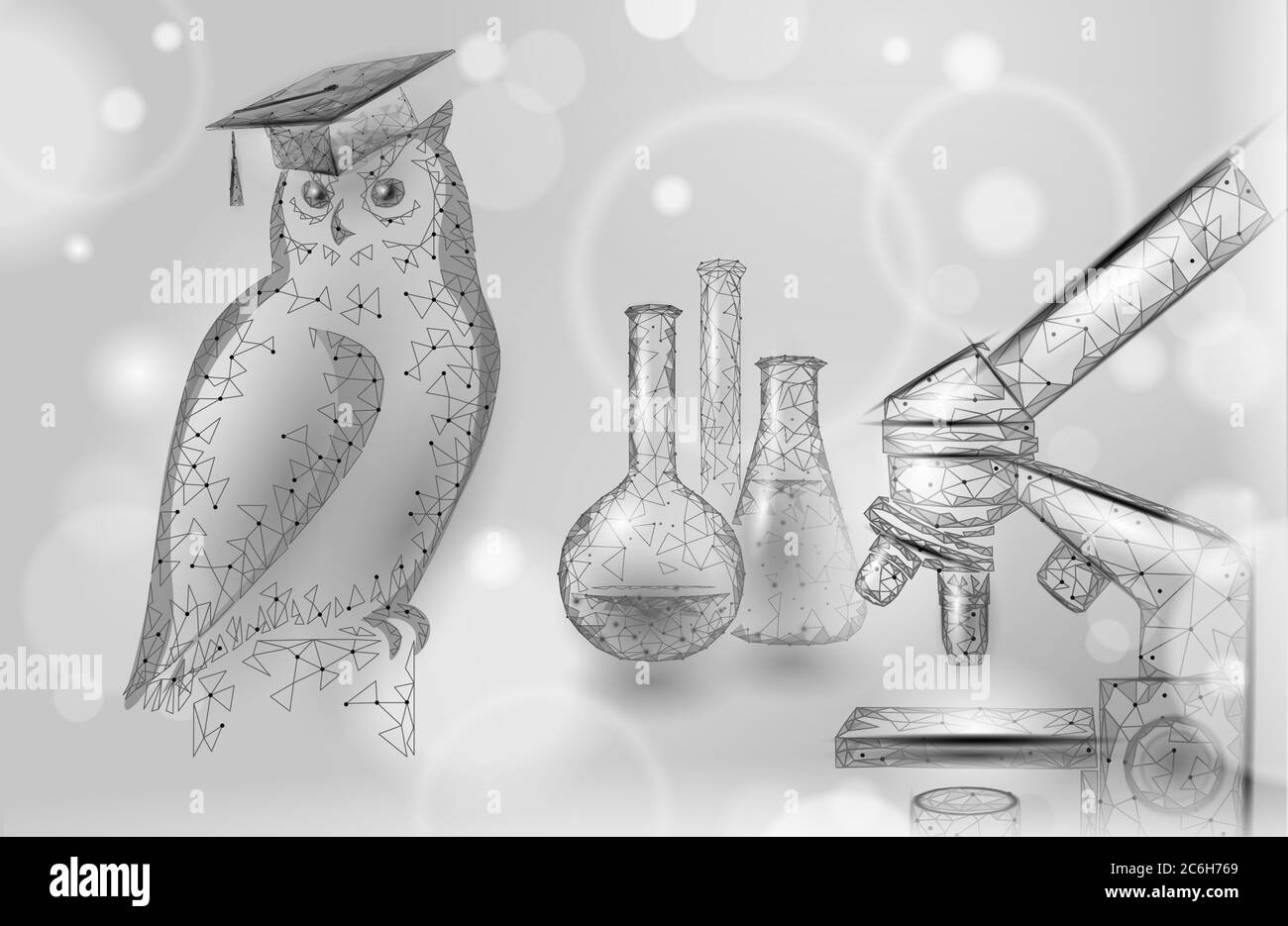 Hibou oiseau symbole de l'éducation sage. Concept de distance d'apprentissage en ligne. Concept de programme de certificat de chimie scientifique diplômé. Faible poly 3D éducation Internet Illustration de Vecteur