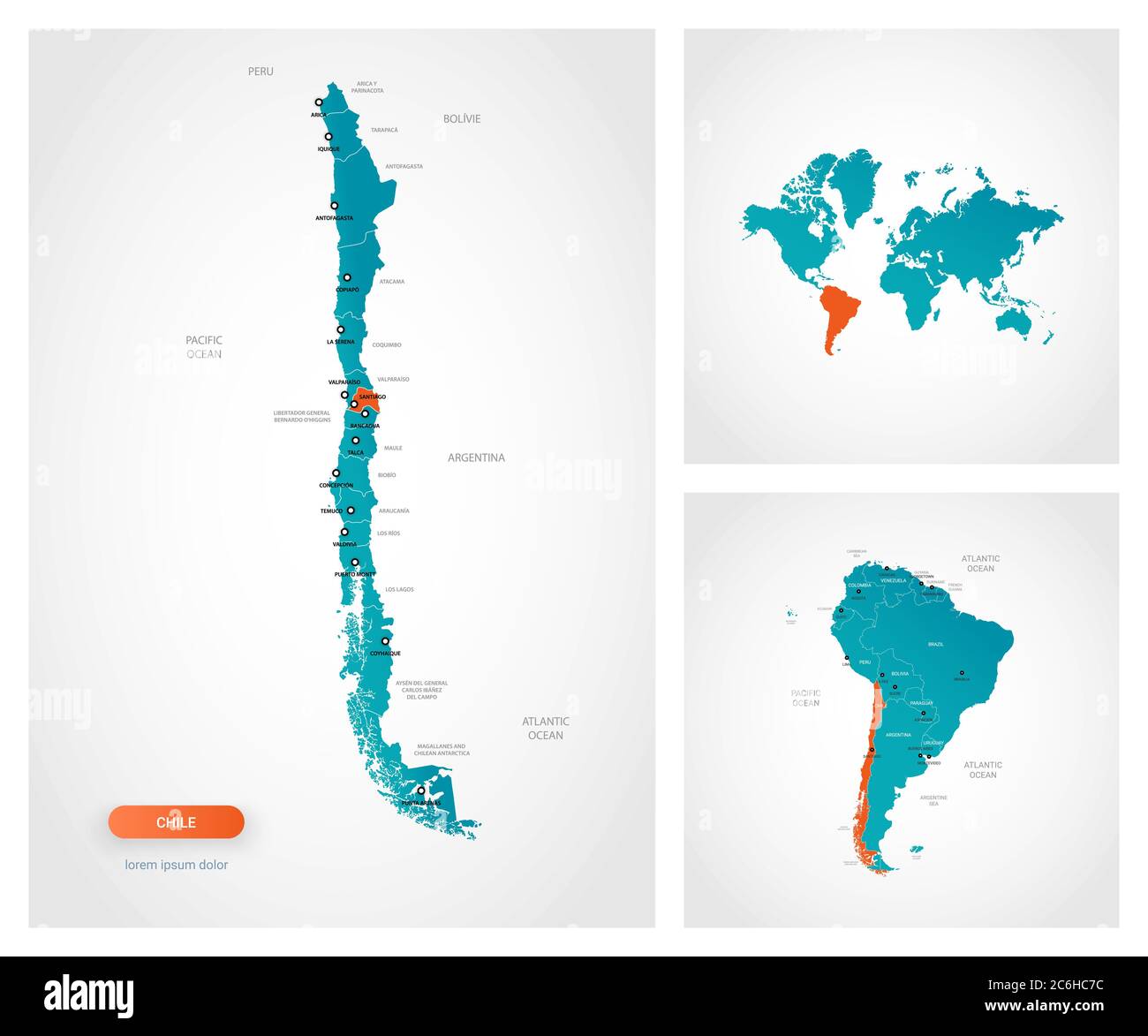Modèle de carte modifiable du Chili avec repères. Chili sur la carte du monde et sur la carte de l'Amérique du Sud. Illustration de Vecteur