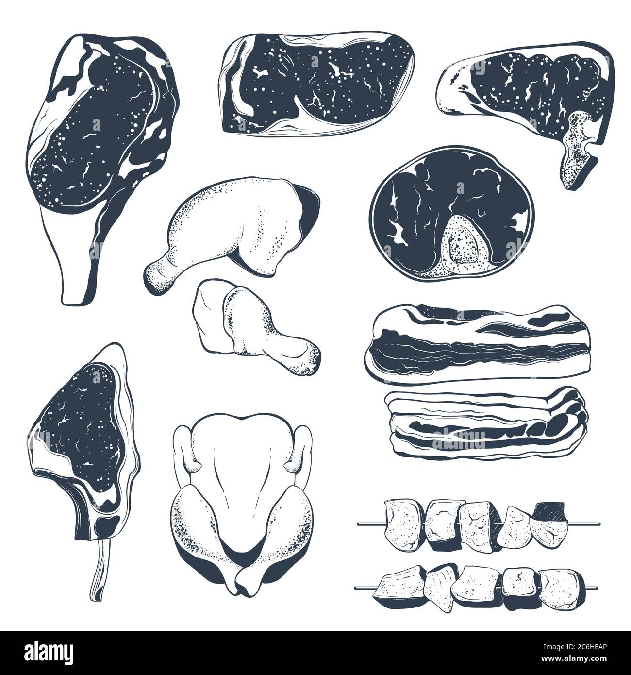 Ensemble de produits de viande crus dessinés à la main Illustration de Vecteur