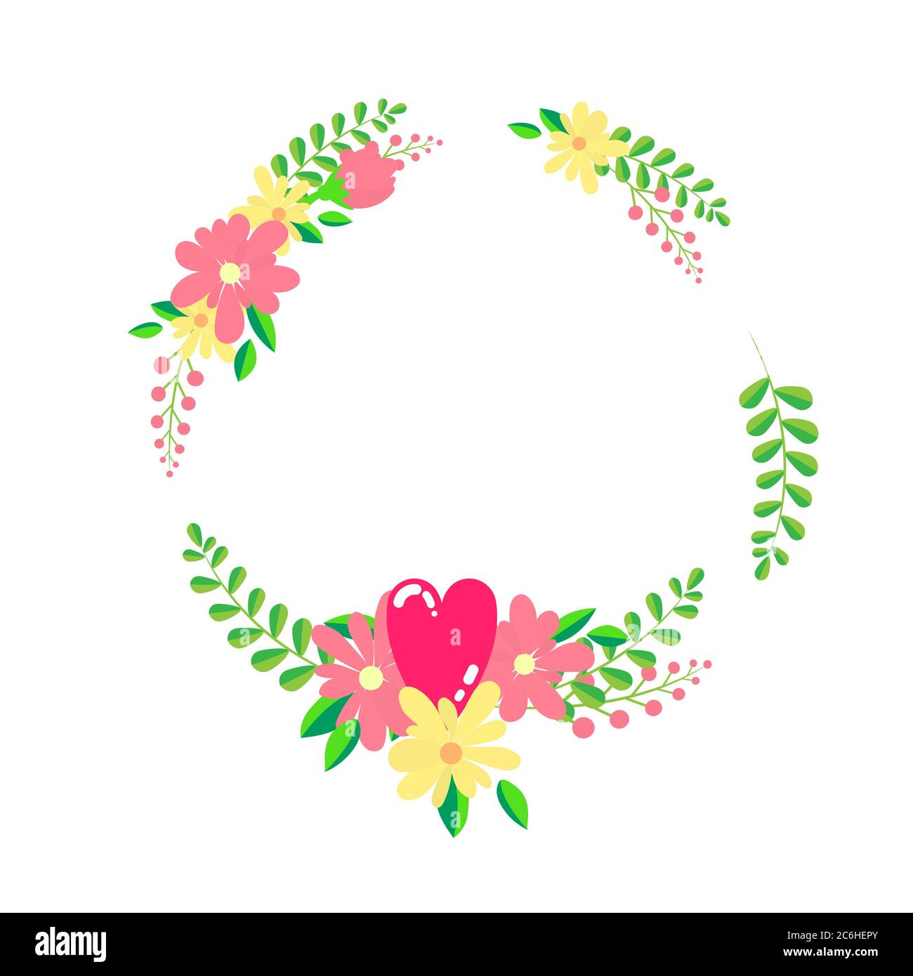 Modèle de cadre de couronne à fleurs, forme plate, fleurs sauvages, coeur et branches de fleurs, espace de copie pour le texte. Imprimer l'élément de conception. Vecteur Illustration de Vecteur