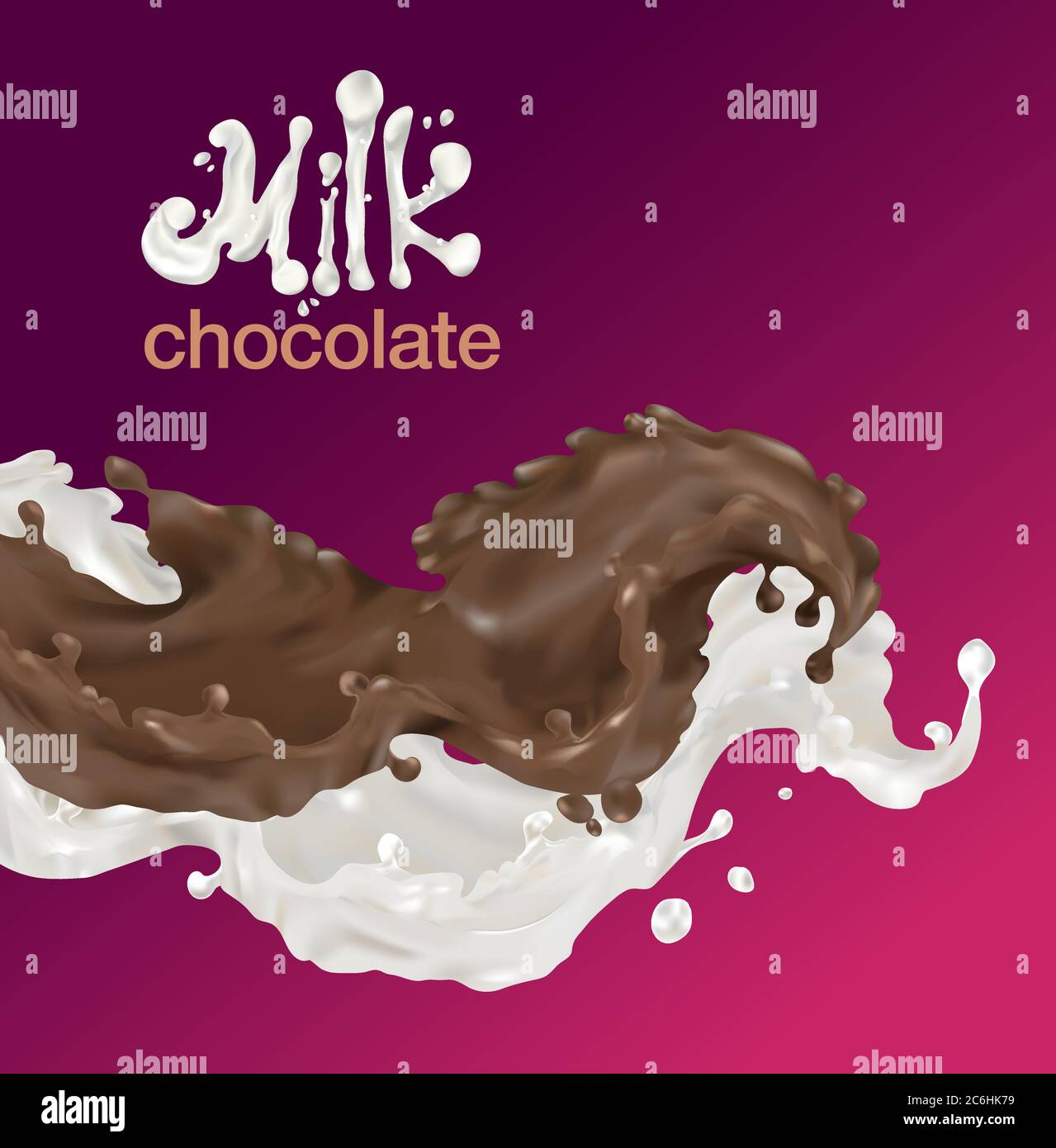 Le lait et le chocolat splash vecteur vague 3D réalisme. Emballage alimentaire, publicité. Lettre de chocolat laitier, inscription. Illustration de Vecteur