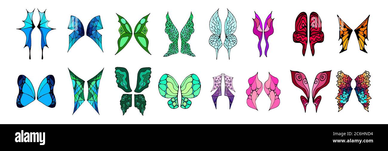 Ensemble d'ailes colorées Vector FANTASY isolées sur fond blanc. Motif style doodle. Illustrations vectorielles dessinées à la main. Décoration pour greeti Illustration de Vecteur