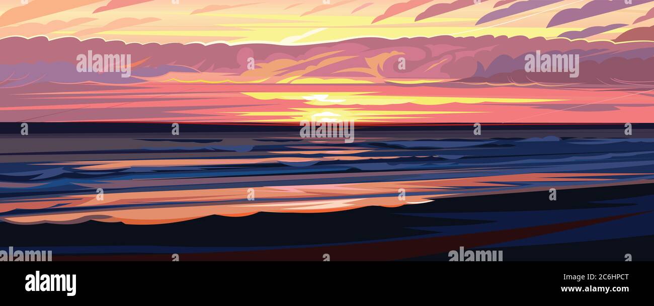 Coucher de soleil sur la plage le soir, lever du soleil dans l'océan. Vagues côtières, nuages roses. Paysage de la nature d'été. Vue sur la mer. Style dessin animé plat. Magnifique Illustration de Vecteur